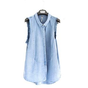 Free People Collared Linen Blend tunic Blue Sz M